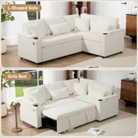 Divano Angolare a L Estraibile in Velluto Beige con Contenitore, USB e Portabicchieri – 4/5 Posti - immagine 4