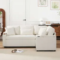 Divano Angolare a L Estraibile in Velluto Beige con Contenitore, USB e Portabicchieri – 4/5 Posti - immagine 3